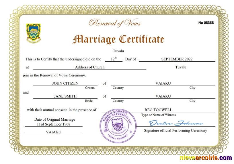 Tuvalu marriage certificate